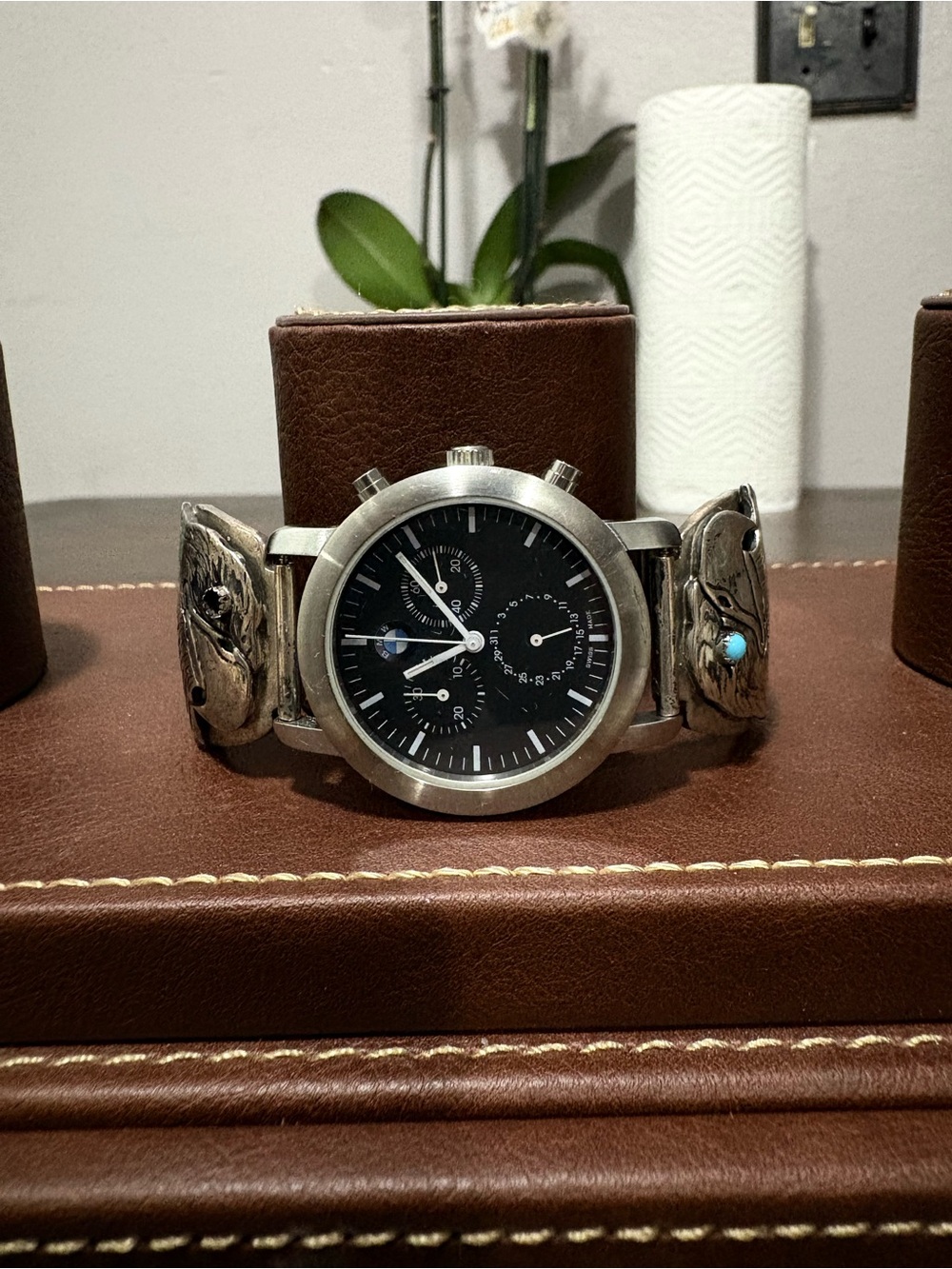 BMW Black Dial Chronograph Watch with Silver sterling Case and Brown Bracelet